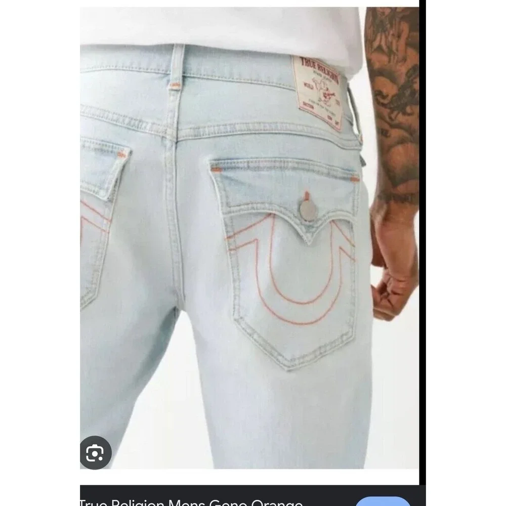 True Religion Ricky Relaxed Straight Denim Shorts Mens 40 Light Blue  Red Stitch